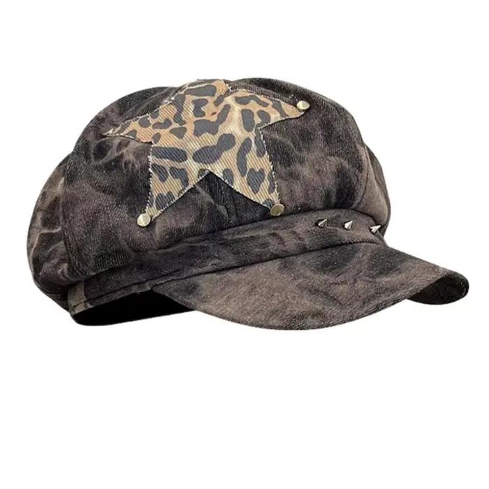 Bérets étoiles imprimé léopard 39BB, chapeau peintre Punk unisexe pour filles, chapeau foncé pour lo