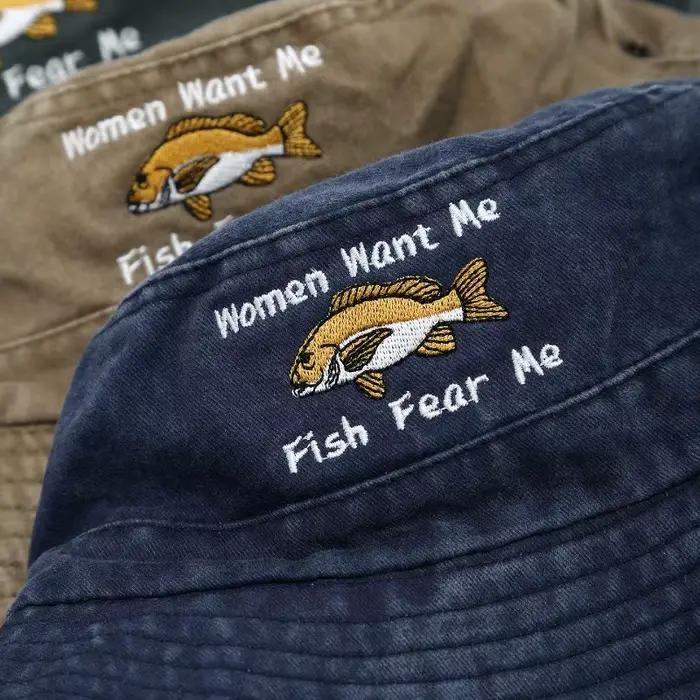 Mode été printemps extérieur brodé seau chapeau femmes veux-moi poisson peur moi large bord