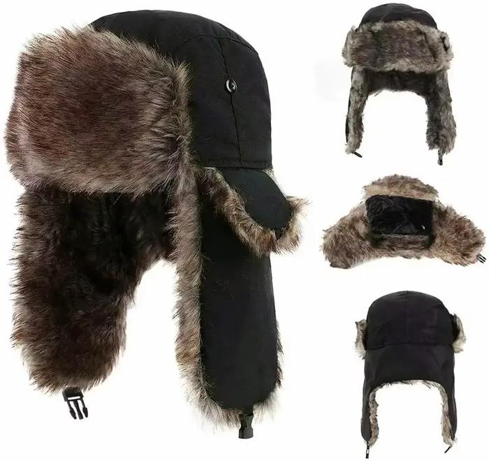 Chapeau d'hiver chaud pour homme style soldat pilote patrouilleur avec protège oreilles en nylon pour ski coupe vent hiver