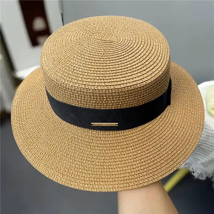 Les quatre saisonsRetro HatPanamaFlatBrimmed Sun Hatbucket Hat Protection UV Sun Hat pour plage MiniBow Vacances Chapeau de paille fait à la main