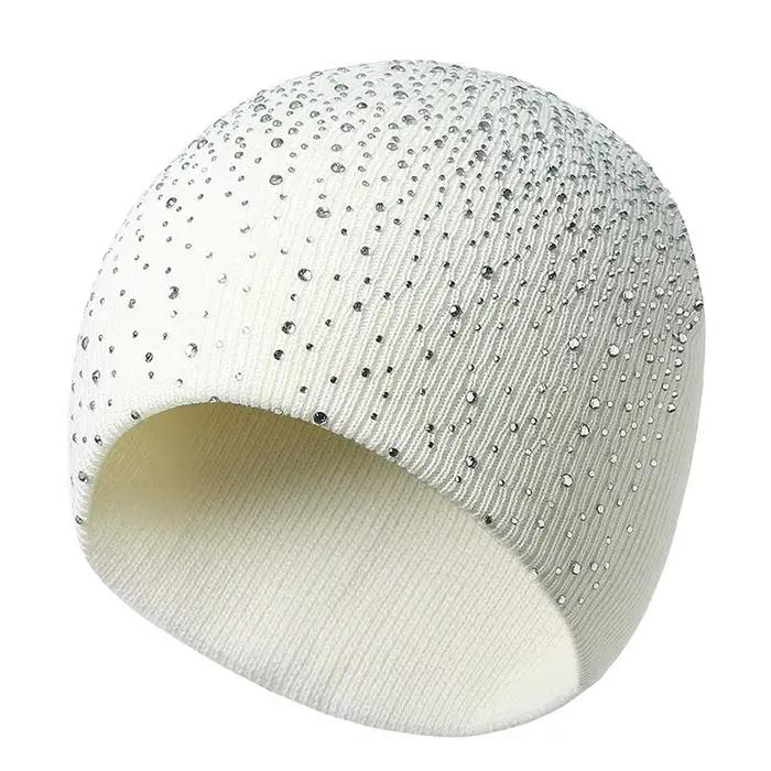 Femme hiver chapeaux avec strass tricoté chaud bonnet fille laine chapeau