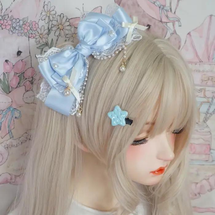 Couvre-chef Lolita grand nœud en dentelle rose perle KC