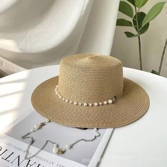 Chapeau de bateau en paille avec chaîne de perles pour femmes