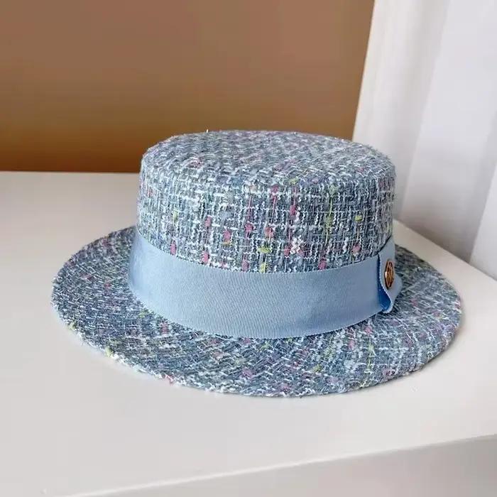 Europe et amérique xiao xiang style perle haut plat couleur jacquard chapeau rose tweed haut-de-forme femmes automne et hiver chapeaux de mode