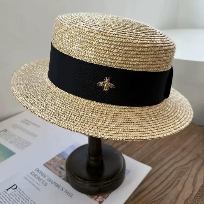 Chapeau de paille Bee, chapeau d'été à calotte plate