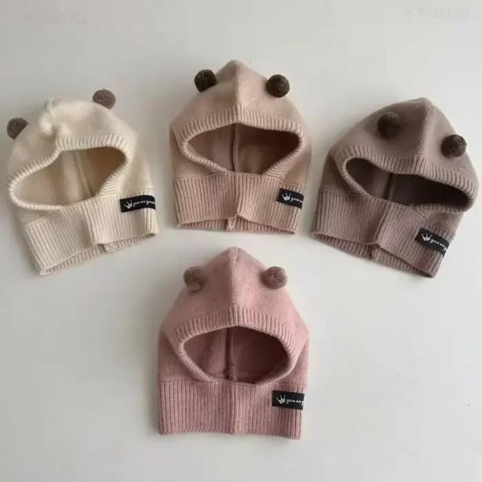 Bébé écharpe chapeau une pièce tricoté casquette chaud mignon Double boule de cheveux enfants oreille Protection casquettes coréen garçons filles enfant coupe-vent chapeaux