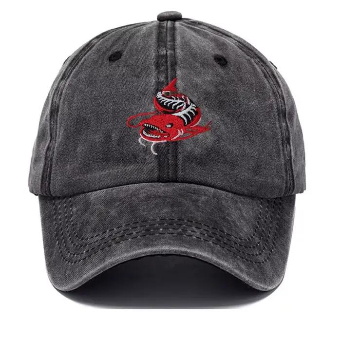 Casquette de baseball grise délavée unisexe motif brodé poisson pêcheur réglable pour la pêche et les sports décontractés