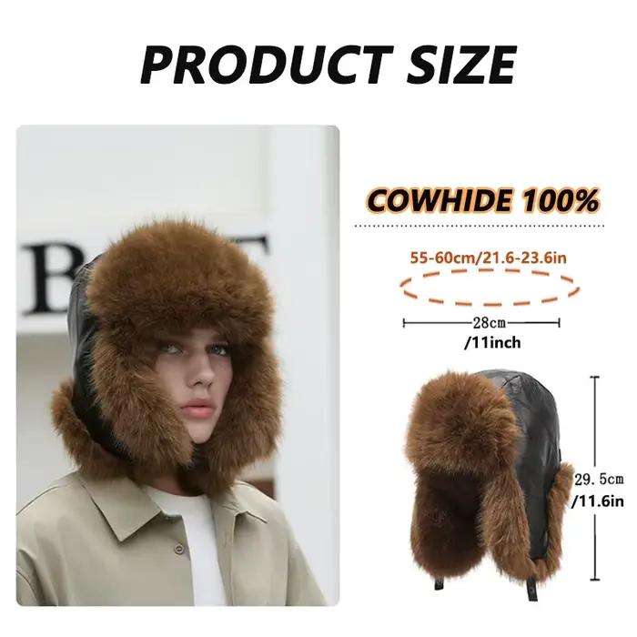 Chapeau de trappeur Ushanka en peau de mouton d'aviateur en cuir de vache russe