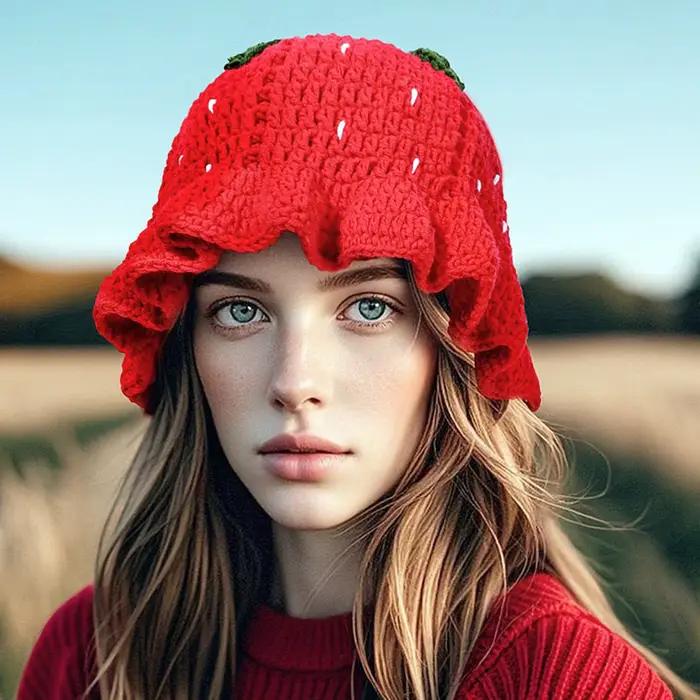 Pudcoco Crochet seau chapeau pour femmes mignon fraise tricot pêcheur casquette respirant chaud