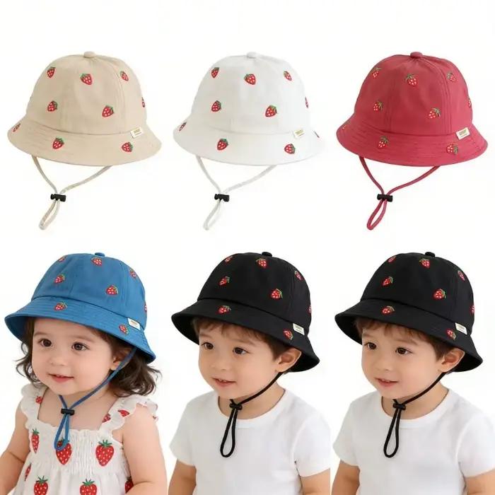 Chapeau de pêcheur pour fille avec broderie fraise 48-50cm