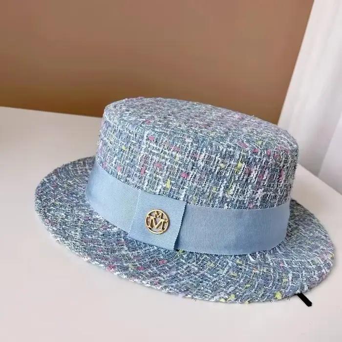 Europe et amérique xiao xiang style perle haut plat couleur jacquard chapeau rose tweed haut-de-forme femmes automne et hiver chapeaux de mode