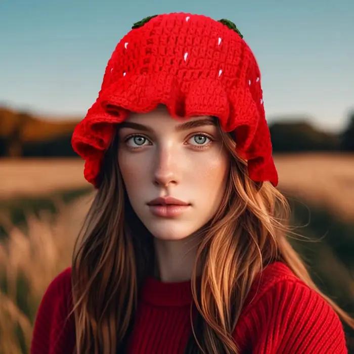 Pudcoco Crochet seau chapeau pour femmes mignon fraise tricot pêcheur casquette respirant chaud