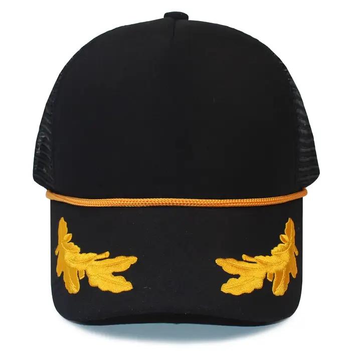 Casquette en maille de feuilles de chêne-chapeau de camionneur en mousse de polyester noir doré sur le devant à 5