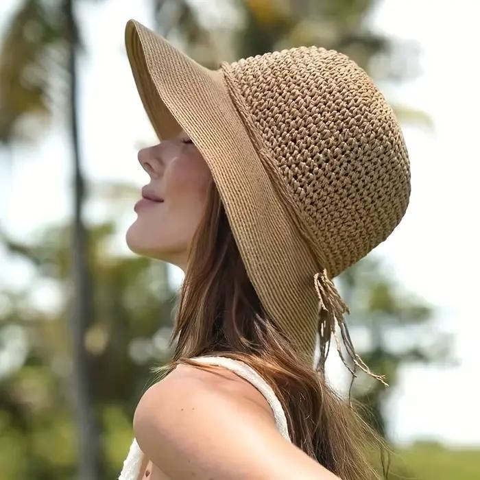 Chapeau d'été en crochet à large bord pour femme, respirant, pliable avec sangle sous le menton, idéal pour les voyages en extérieur