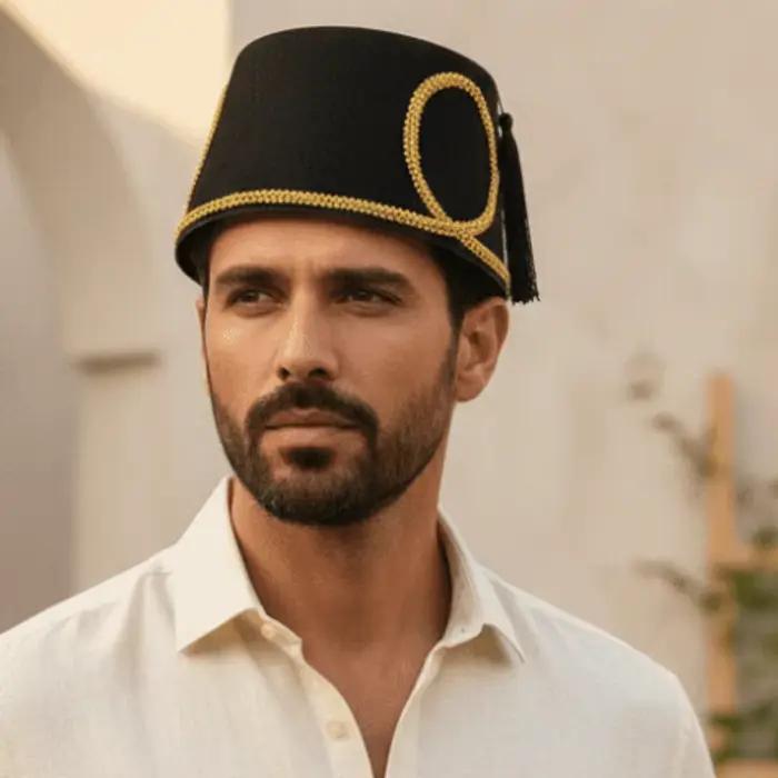 Chapeau Fez turc noir à pompon en feutre de polyester avec bordure dorée, casquette marocaine multifonctionnelle pour homme et femme, quatre saisons, extérieur