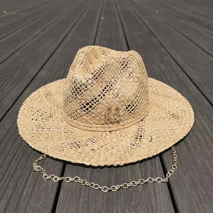 Chapeaux de Style de créateur originaux lettres en métal chaîne RB raphia Panama chapeau de paille fait à la main pour