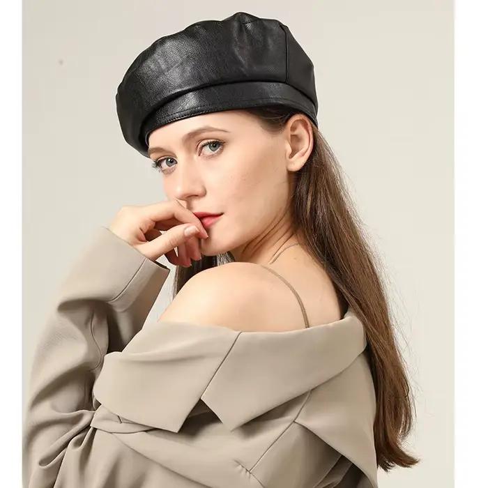 Nouveaux hommes femmes béret chapeau en cuir