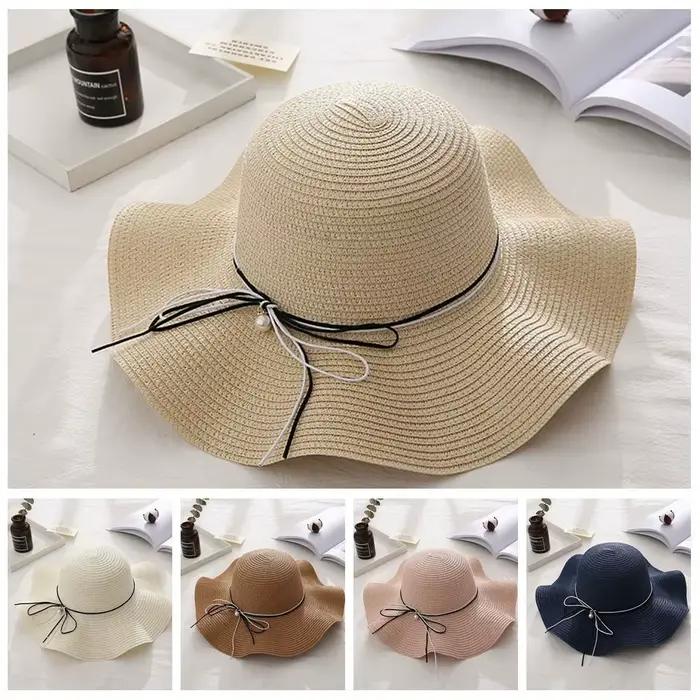 Chapeau de paille pliable à large bord style français avec perles