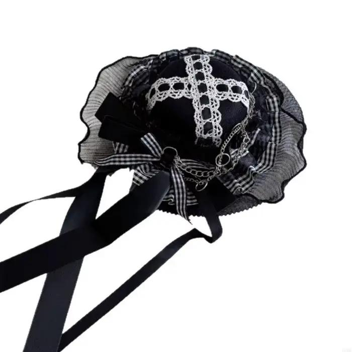 Chapeau gothique en voile dentelle avec nœuds foncés pince à cheveux pour fêtes à thème Y08E