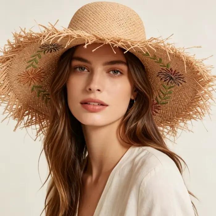 Chapeaux de Plage en Paille de Raphia Style Européen Décoré de Fleur Protection Solaire Occasions Vacances Activités Plein Air