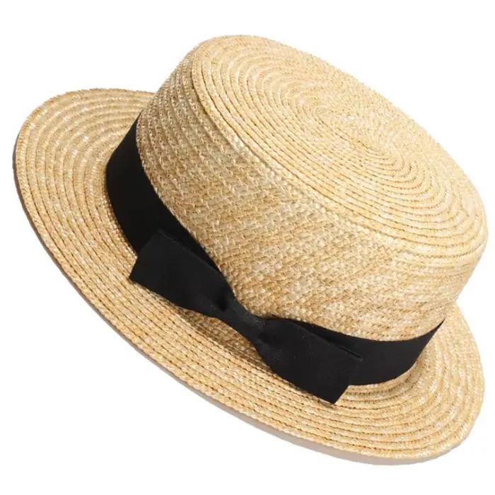 Chapeau de plaisancier à dessus plat en paille de blé naturel pour femmes