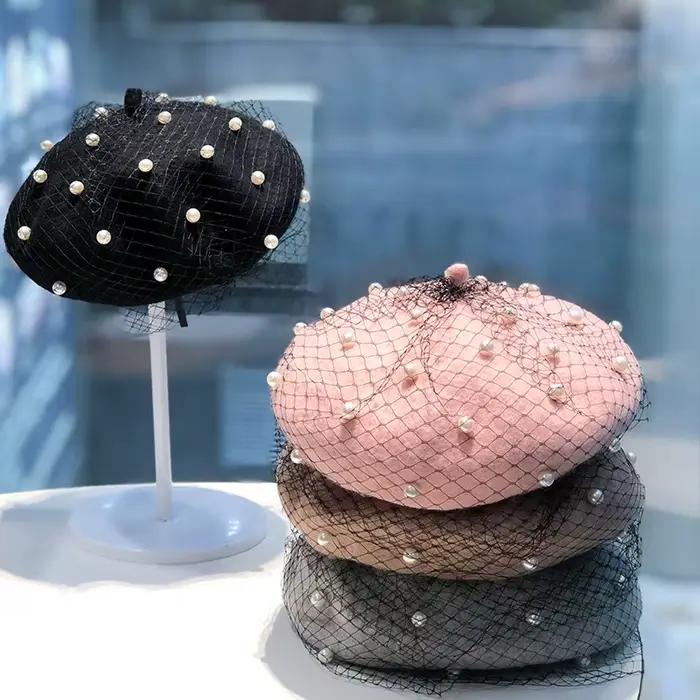 Béret en maille perlée pour femme chapeau rétro multifonctionnel en dentelle pour toutes les saisons occasions extérieures et intérieures