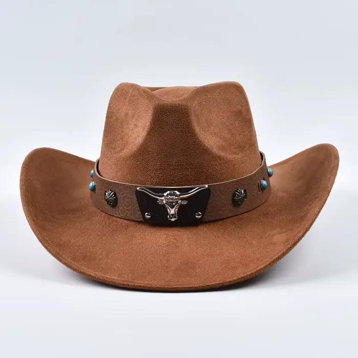Chapeau de cowboy western vintage à bord roulé avec rivets en forme de tête de taureau