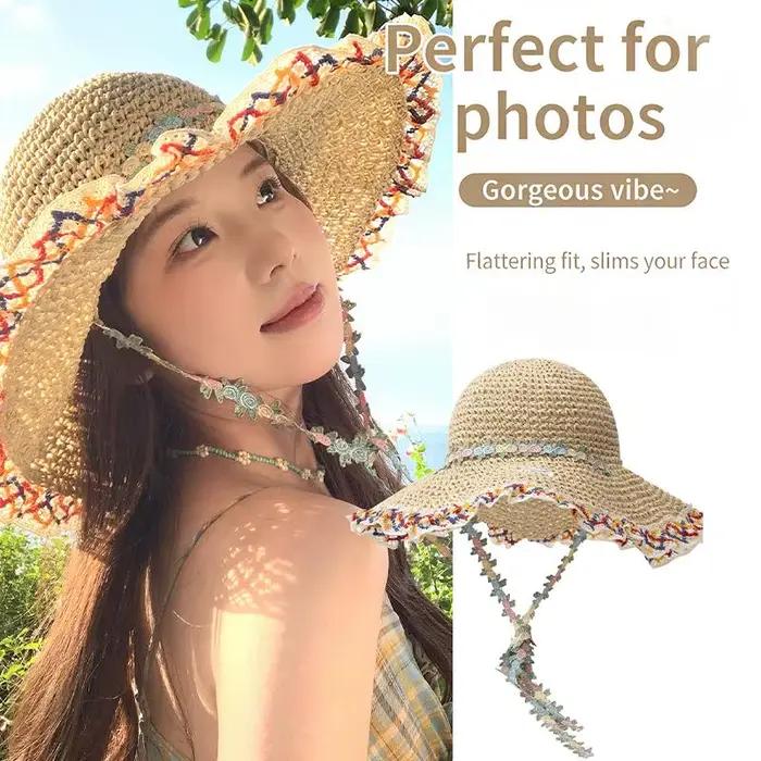 Chapeau de paille à large bord pliable pour femme