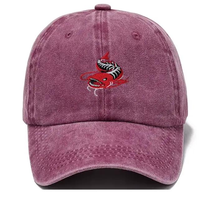 Casquette de baseball grise délavée unisexe motif brodé poisson pêcheur réglable pour la pêche et les sports décontractés