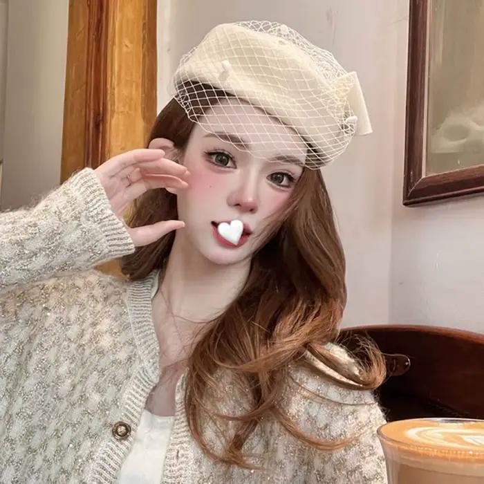 Chapeau à nœud en laine de Style britannique Vintage avec voile