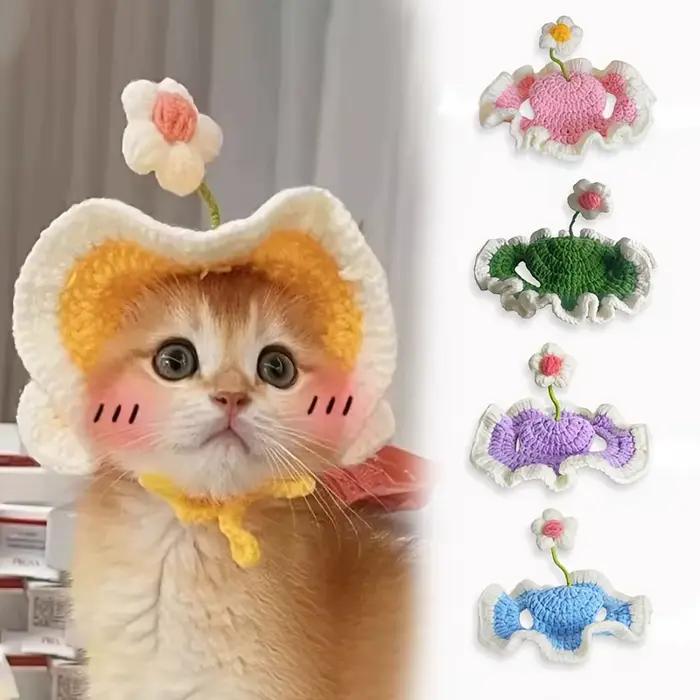 Chapeau pour chat, adorable chapeau en crochet à fleurs