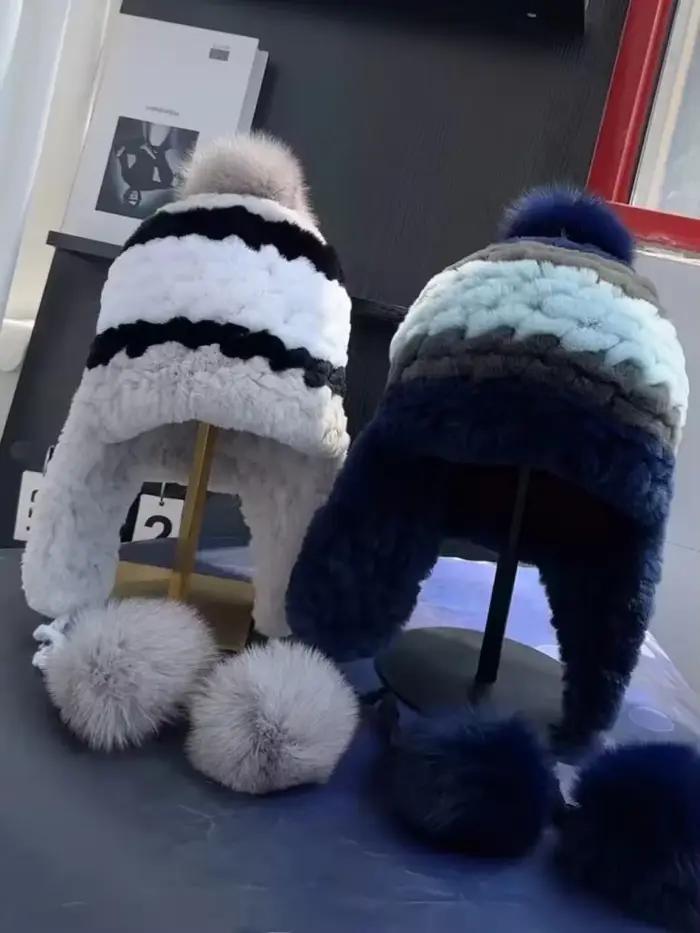 Véritable Rex lapin fourrure chapeau pour femmes automne russe ushanka rayure