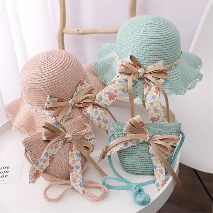 Chapeau de paille 2 pièces costume mignon et sac à bandoulière filles dessin animé ours enfants