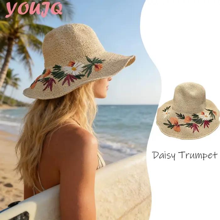 Chapeau de paille floral brodé à la main pour femme