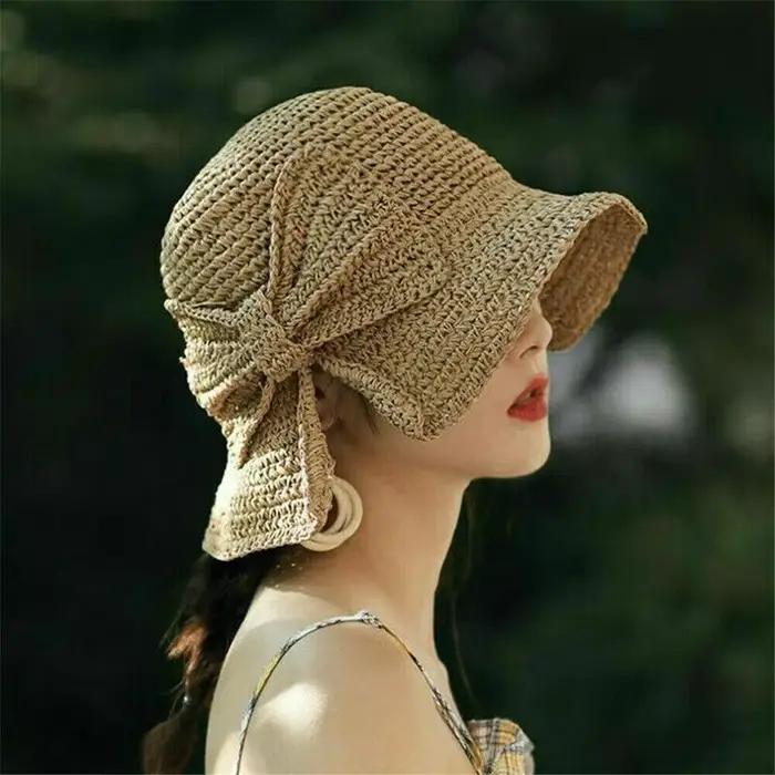 Chapeau de paille femme nœud papillon Crochet été bassin