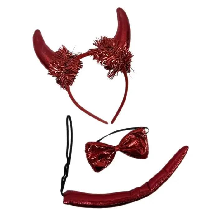 PACK 39BD 3 bandeaux cornes rouges diable avec des arcs des queues pour fête d'Halloween
