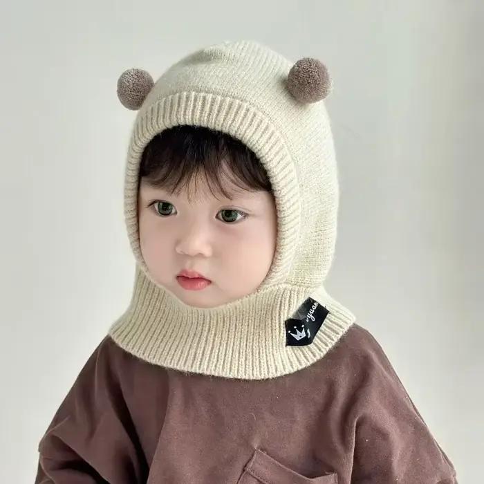 Bébé écharpe chapeau une pièce tricoté casquette chaud mignon Double boule de cheveux enfants oreille Protection casquettes coréen garçons filles enfant coupe-vent chapeaux