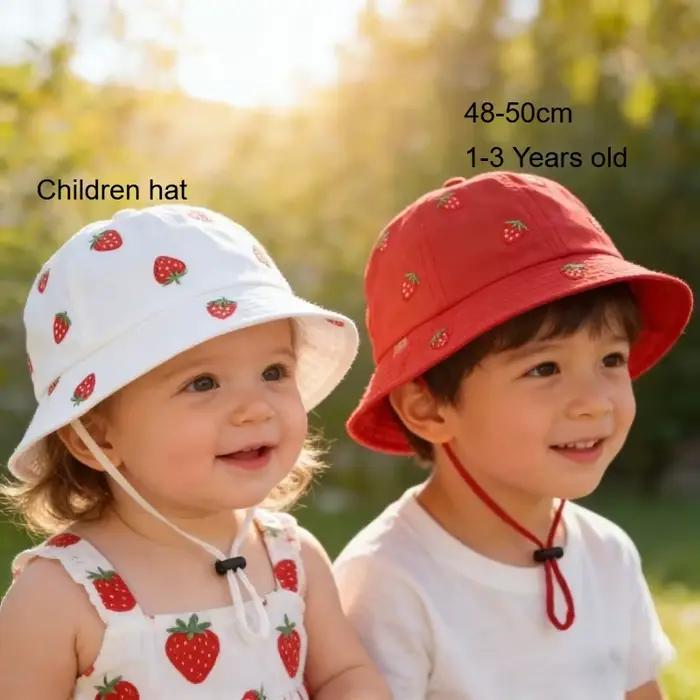 Chapeau de pêcheur pour fille avec broderie fraise 48-50cm Printemps-Été Nouveau