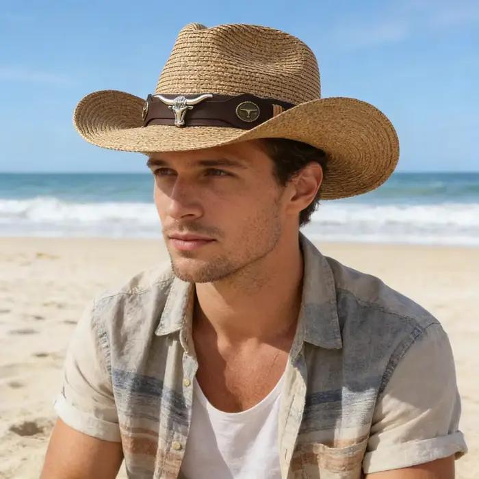Chapeau de cowboy vintage en paille style western unisexe avec boucle de ceinture décorative
