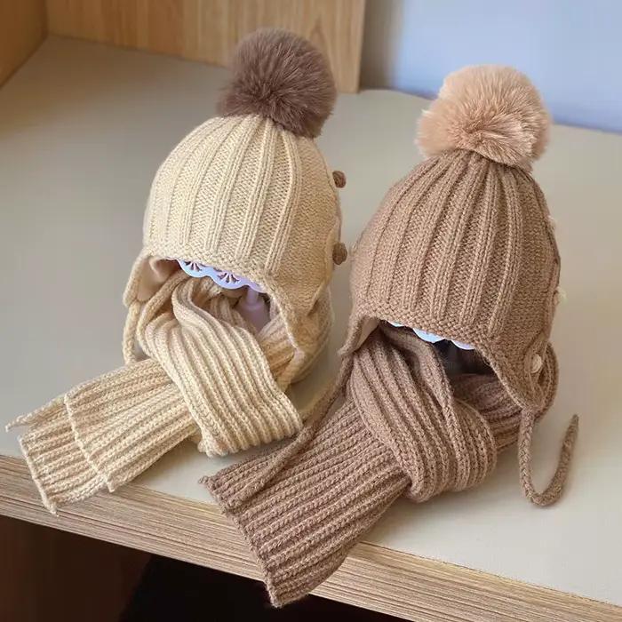 Coréen enfants écharpe chapeau ensembles automne hiver bébé chaud laine tricoté oreille Protection casquette enfant en