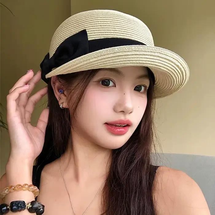 Chapeau d'été élégant en paille tressée avec nœud français style décontracté pour femme occasions spéciales été festival plage mariage