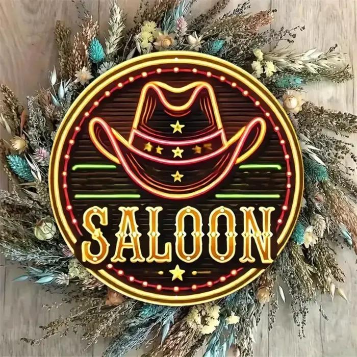 Panneau métallique rond style néon Chapeau de cowboy western