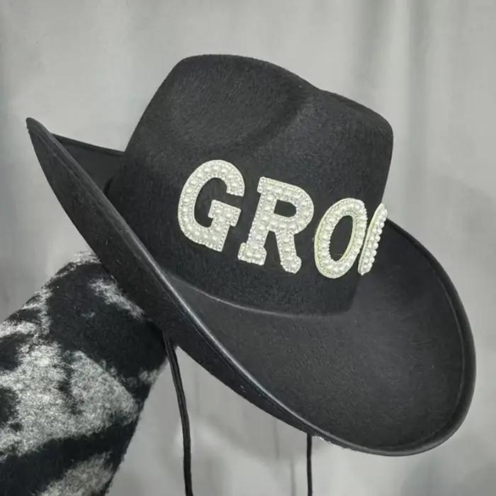1 chapeau de cowboy blanc en fil de laine pour mariée