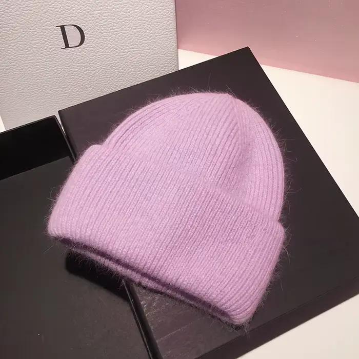 Bonnets en fourrure de lapin doux chaud moelleux chapeau d'hiver pour femmes style sport solide tricoté en acrylique et fourrure couleurs vives extérieur hiver 2022