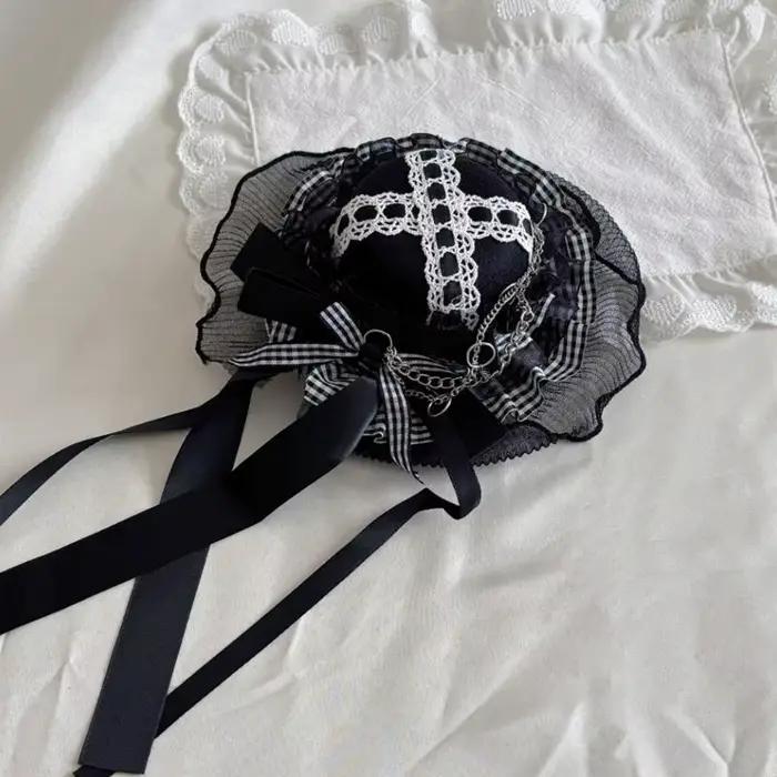 Chapeau gothique en voile dentelle avec nœuds foncés pince à cheveux pour fêtes à thème Y08E