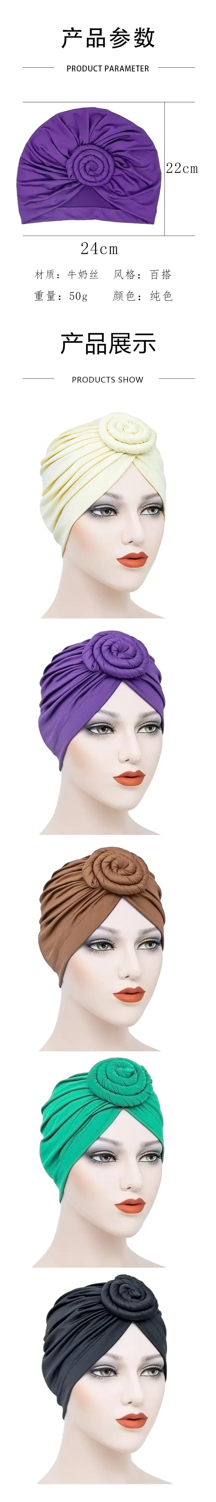 Femmes Turban haut noeud fleur décor bandeau musulman dames couverture de cheveux bonnet coiffe de tête couleur unie inde chapeau accessoires