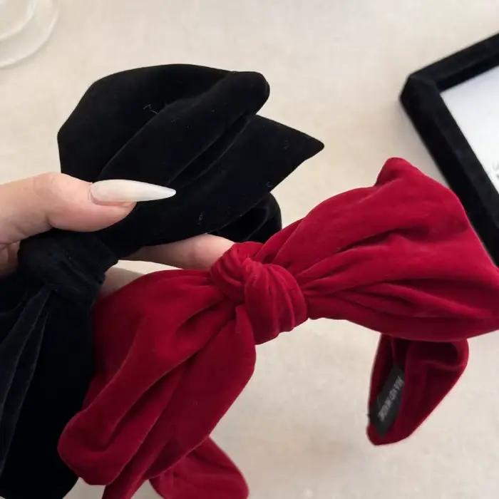 Bandeau à nœud large en velours rouge et noir pour filles et femmes