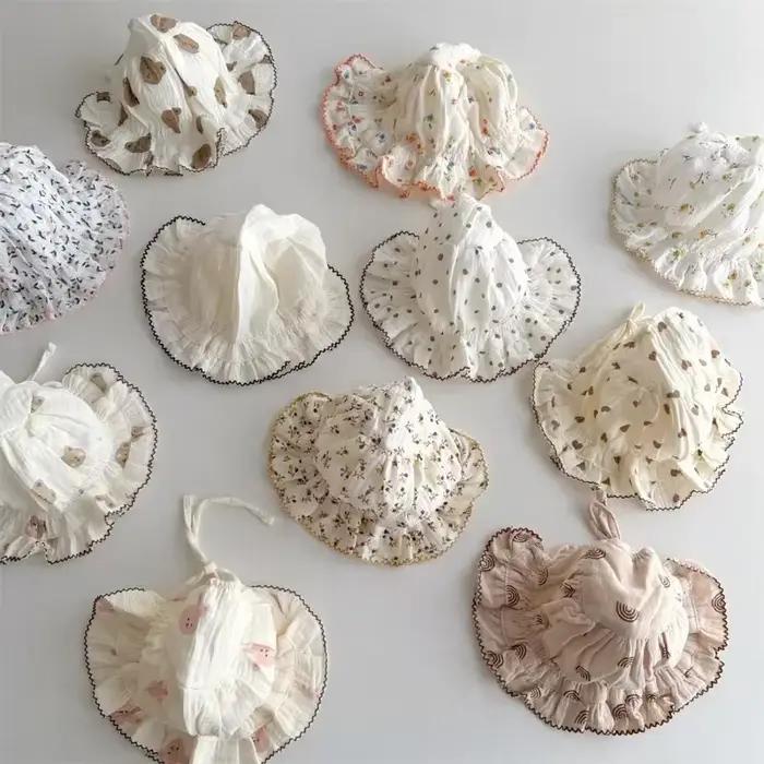 Chapeau en dentelle coton pour nouveau-né mignon, bébé fille, protection auditive, gaze, dessin animé, casquette réglable pour bébés 0-12 mois occasions spéciales