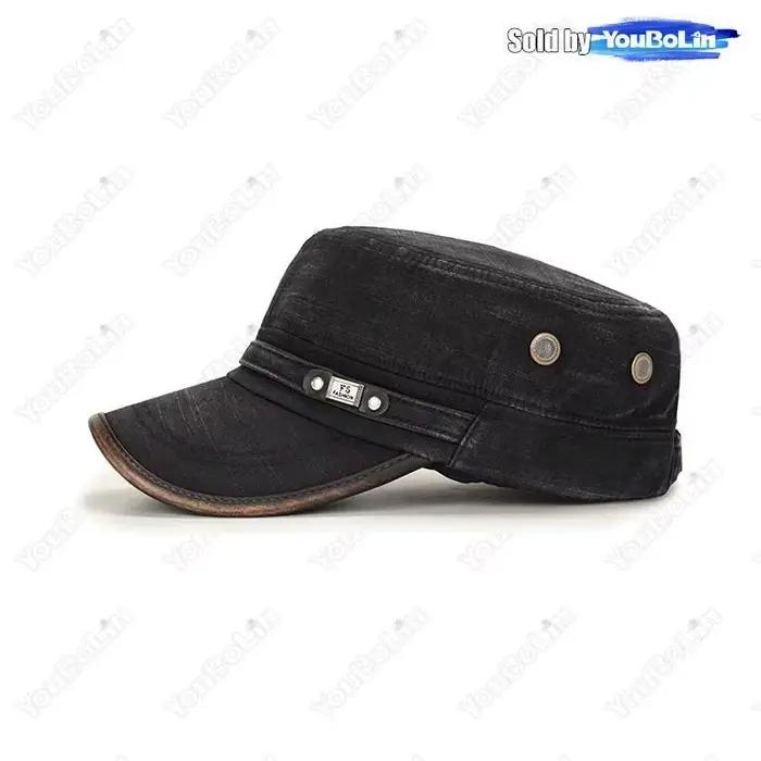 Casquette plate réglable en coton délavé blanc vieilli avec reliure en cuir
