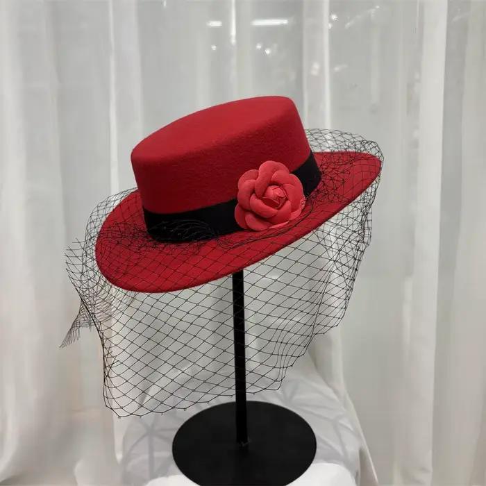 Chapeau Fedora Femme Tendance Formel Pour Mariage Cérémonie Chapeau de Cérémonie Dessus Plat avec Nœud Chapeau de Fête Jazz